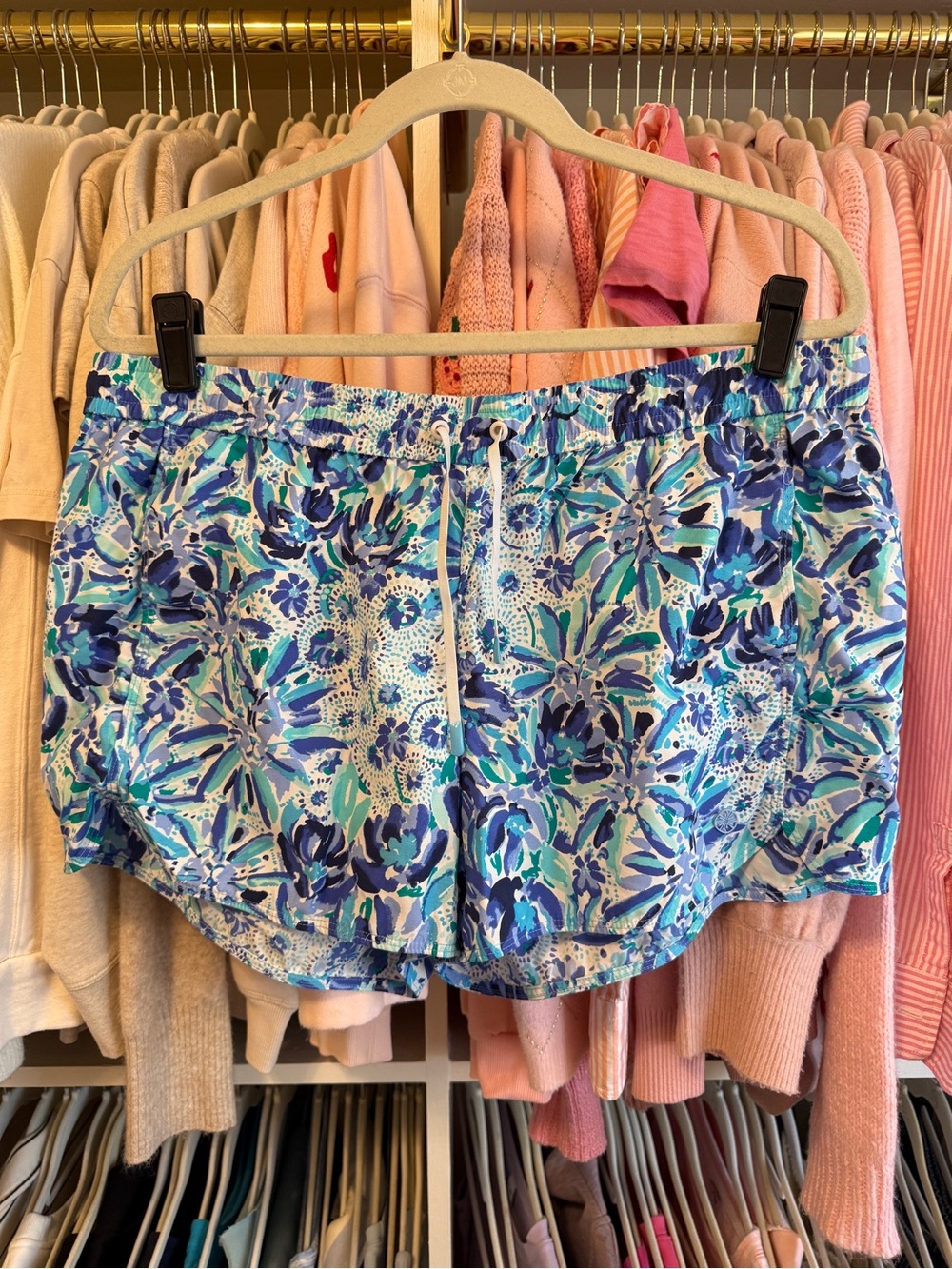 Lilly Pulitzer Blue & Teal Run Around Athletic Shorts in High Manetenance Print